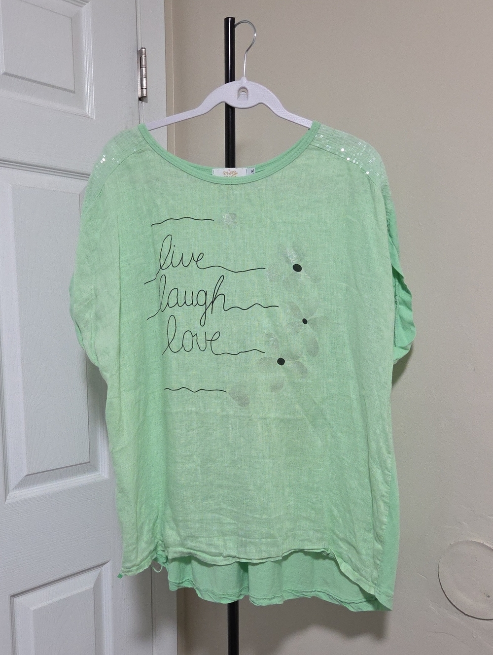 Me & Gee Mint Green Short Sleeve 'Live Laugh Love' Tee with Sequin Shoulders
